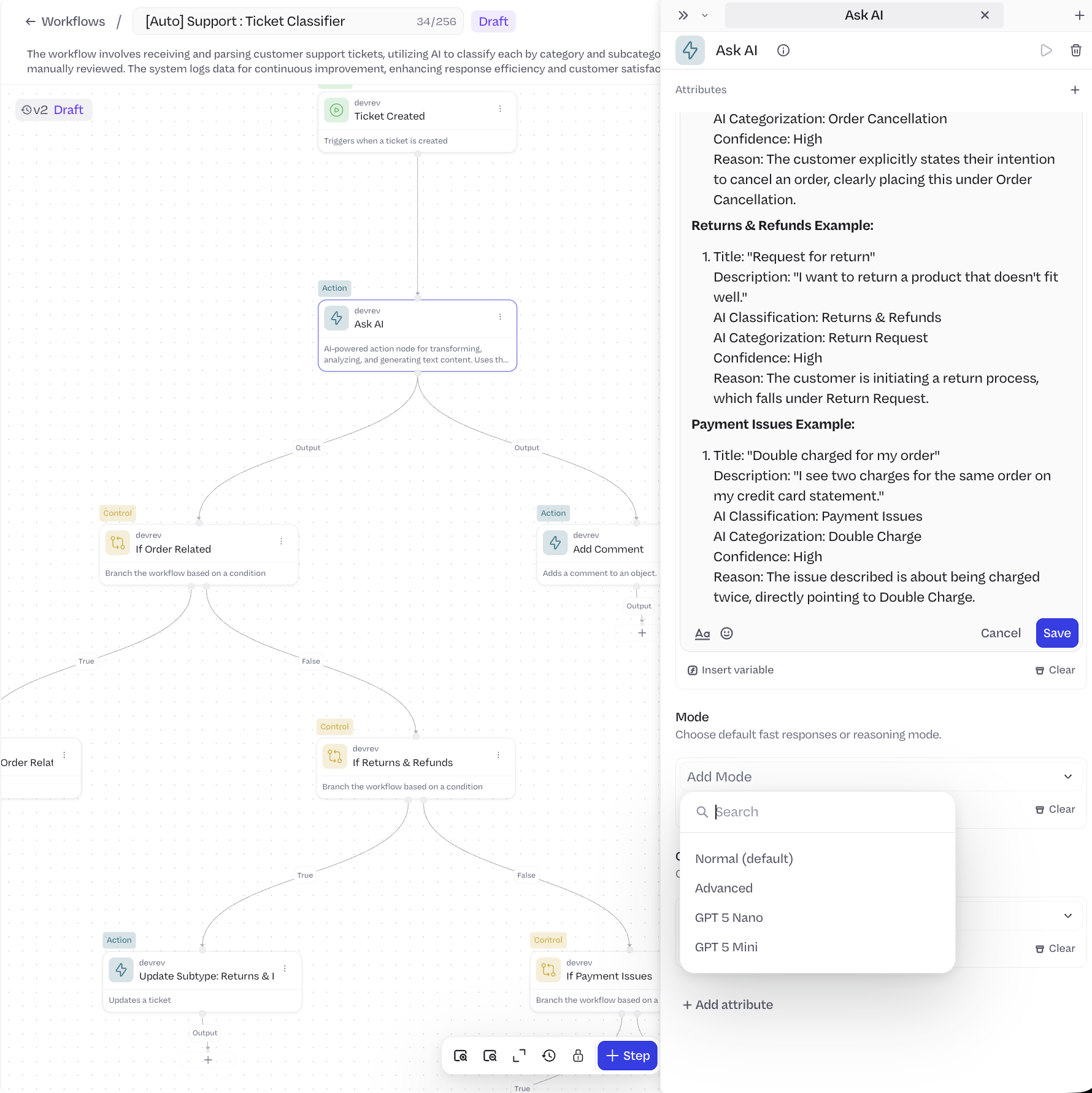 Visual workflow builder - trigger, routing agent, condition & actions